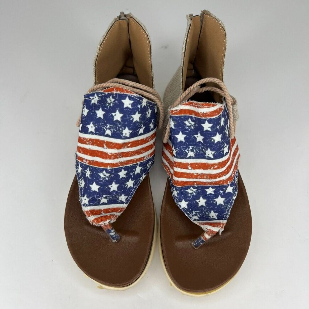 Womens Round Clip Toe American Flag Back Zip Denim Synthetic Size 7 Flat Sandals - Picture 4 of 8